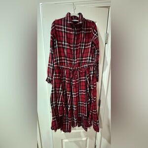 Zara Premium Denim Collection Red White and Black Plaid Asymmetrical Dress L